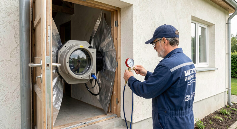 A blower door unit fitted into the front doorway of a house with a technician reading a pressure gauge.