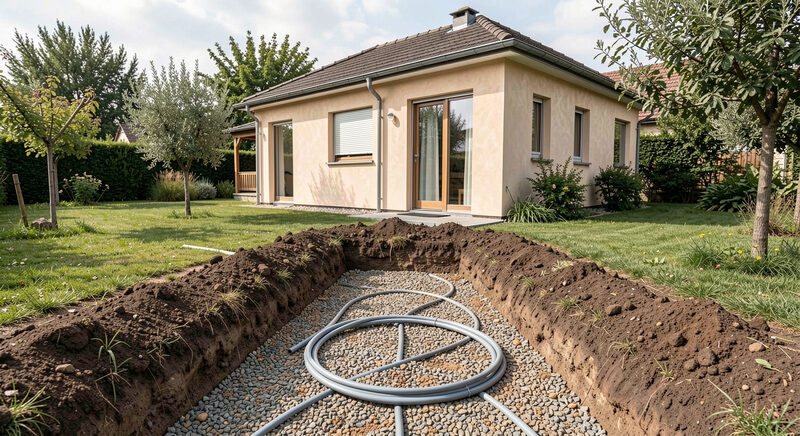 A trench in a garden with coils of plastic pipe laid in gravel before being covered by soil.