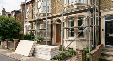A Victorian terraced house with scaffolding and new insulation boards stacked in the small front garden.